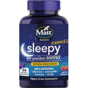 Matt, Sleepy Gummies, Pastiglie Gommose per Prendere Sonno a Base di Melatonina, Valeriana, Camomilla, Lavanda e Vitamina B6, Favorisce il Rilassamento e il Sonno, Gusto Lampone, 90g