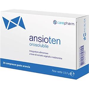 Carepharm, Ansioten Orosolubile, 30 Compresse di Integratore Alimentare a Base di Estratti Vegetali, Gusto Arancia, Favorisce il Rilassamento in Caso di Stress, Senza Zuccheri, Senza Lattosio, 30 g