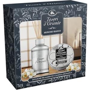 Tesori d'Oriente - Set Regalo, Profumatore per Ambienti con Bastoncini 200 ml e Candela Profumata Piccola 109 gr, Fragranza Muschio Bianco, Confezione Regalo
