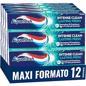 Aquafresh Dentifricio Intense Clean Lasting Fresh, Sensazione di Freschezza 8 volte più duratura, Pulizia Profonda, Pacco da 12 x75ml