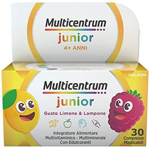Multicentrum Junior Integratore alimentare Multivitaminico Completo, apporto completo formulato per i bambini 4+, Senza Glutine, Gusto Limone e Lampone, 30 Compresse Masticabili
