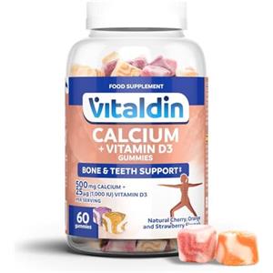 VITALDIN Calcio 500 mg + Vitamina D3 Gummies - 1.000 UI Vitamina D - 60 Caramelle Gommose (1 mese), gusto Frutti Assortiti - Aiuta a mantenere Ossa e Denti - Senza glutine - Bambini e Adulti