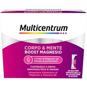 Multicentrum Corpo & Mente, Boost Magnesio Integratore Alimentare per adulti, con 3 fonti di Magnesio, Vitamina B6, per ridurre stachezza fisica e mentale, 30 bustine orosolubili
