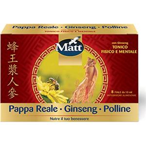 Matt, Pappa Reale Ginseng e Polline, Tonico Fisico e Mentale, Integratore Alimentare Senza Glutine Utile in Caso di Stanchezza Fisica e Mentale, Confezione con 8 Fiale da 10 ml