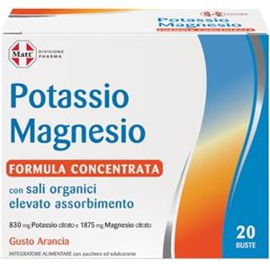 Matt, Potassio Magnesio Formula Concentrata, Integratore Alimentare con Sali Organici, per la Normale Funzione Muscolare e per la Riduzione della Stanchezza, Confezione da 20 Bustine Gusto Arancia