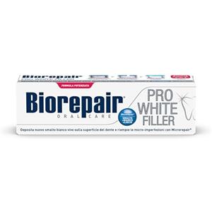 Biorepair, Dentifricio PROWHITE FILLER, Smalto Più Bianco e Liscio, Riempe le Micro-Imperfezioni Con Più MicroRepair, Formula Potenziata, Tecnologia Sbiancante PVP, Senza Fluoro e Parabeni, 75ml