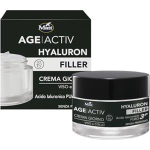 Matt, AGEACTIV Hyaluron Filler, Crema Viso e Collo, con Acido Ialuronico Puro e Filtri Solari SPF 15, Tripla Idratazione, Rigenera e Rimodella la Pelle, Protegge dai Raggi Solari, Senza Profumo, 50 ml
