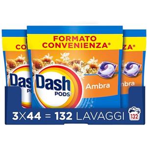 Dash Pods Detersivo Lavatrice In Capsule, 132 Lavaggi (3x44), Ambra, Rimuove le Macchie, Igienizza, Dona Freschezza, Brillantezza Per I Capi