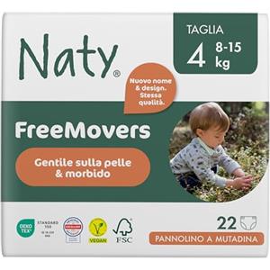 Naty FreeMovers Pannolino a Mutandina | Mutandino Certificato per Pelli Sensibili | Morbido, Senza Profumo | Assorbente & Anti-Perdite | Unisex Bambino & Bimbo | Taglia 4 (8-15 kg), 22 Pezzi