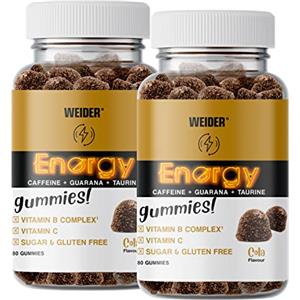 Weider PACK DUO Energy Caffeine Gummies (2x80 Caramelle) Sapore Cola. Caramelle Gommose con caffeina, guaranà, taurina e vitamine B e C per l'energia e la concentrazione. Senza Zucchero o Allergeni