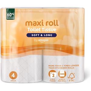 by Amazon - Carta igienica (maxi rotolo), 2 veli, trapuntata, morbida e delicata, 4 rotoli (1 confezione da 4), 500 strappi per rotolo, certificata FSC