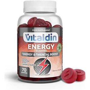 VITALDIN Energy Gummies - 70 Caramelle Gommose Energetiche con Ginseng, Guaranà, Caffeina e Taurina - Favorisce la Concentrazione, Aumenta le Prestazioni Fisiche e Mentali - gusto Ciliegia - Vegano