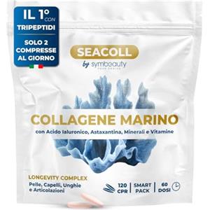 SYMBEAUTY Collagene Marino con Acido Ialuronico [120 cpr x 60gg] Astaxantina Zinco Biotina Vitamina C | Collagene Marino Idrolizzato Tripeptidi Capelli, Pelle, Unghie - Longevity Complex SEACOLL