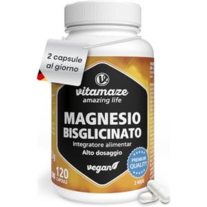 Vitamaze - amazing life Magnesio Bisglicinato 1500 mg in sole 2 capsule piccole al giorno altamente dosate, 300 mg magnesio elementare, Anti Stress, Fatica e Dolori Muscolari, Rilassante, 120 capsule vegane, Made in Germany