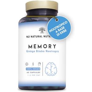 N2 Natural Nutrition Nootropico Naturale con Ginkgo Biloba 1140mg + Caffeina + Bacopa Monnieri. Integratore Concentrazione per Memoria con Vitamine, Aumenta Energia e Riduce Stress. Vegan 60 capsule. N2 Natural Nutrition