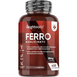 WeightWorld Ferro Integratore in 400 Compresse Vegane (6+ Mesi), di Tipo Bisglicinato, 28mg per Dose, Il Ferro Contribuisce al Normale Trasporto di Ossigeno nell'Organismo (EFSA), Senza Magnesio Stearato né OGM