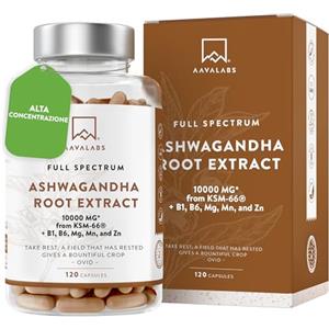 AAVALABS Ashwagandha KSM-66 10000mg Alto Dosaggio (Estratto di Ashwagandha Bio 10:1) Vitamina B6 B1 Zinco Magnesio Manganese, Vegan Ashwaganda Withania Somnifera Ginseng Indiano 5% Withanolidi - 120 Capsule