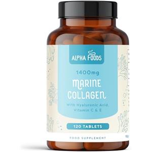 Alpha Foods Collagene Marino con Acido Ialuronico | 120 Compresse | 1400mg di Collagene Idrolizzato Tipo 1 | Pelle, Capelli e Articolazioni Integratore con Vitamina C, E, Zinco, Rame e Biotina (B7) | Alpha Foods
