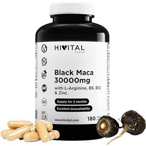 HIVITAL foods Maca Nera Peruviana 30000 mg. 180 capsule vegane per 2 mesi di trattamento. Estratto di Maca Andina con L-Arginina, Zinco e Vitamine B6 e B12. Prodotto in Europa da HIVITAL