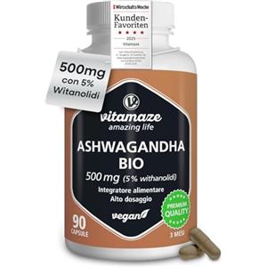 Vitamaze - amazing life Ashwagandha KSM-66 Bio - Alto Dosaggio min. 5000 mg di Ashwagandha da 500 mg di Estratto (10-15:1), 90 Capsule Vegane per 3 Mesi, Altamente Biodisponibile, Vitamaze