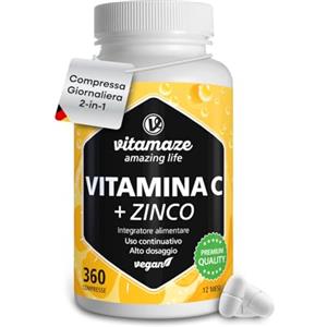 Vitamaze - amazing life Vitamina C 1000mg (1 Anno) + Zinco + Bioflavonoidi, 360 Compresse, 1 Compresse per Giorno, Vegan Vitamina C Pura Dose Forte, Qualità Tedesca, Integratore Alimentare senza Additivi. Vitamaze®