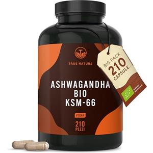 TRUE NATURE Bio Ashwagandha KSM-66® 210 Capsule - Alto Dosaggio di 600 mg al giorno (Withania Somnifera) - vegano, Bio India, testato in Laboratorio, produzione Tedesca - TRUE NATURE