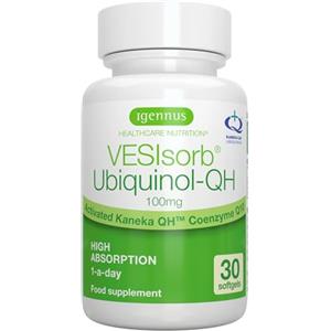 Igennus Healthcare Nutrition VESIsorb Ubiquinolo 100mg Kaneka, Ubichinolo Integratore Coenzima Q10 Idrosolubile ad Azione Rapida, Biodisponibilità 600% Alto Assorbimento, Maggiore Energia e Salute del Cuore, 30 Capsule - Igennus