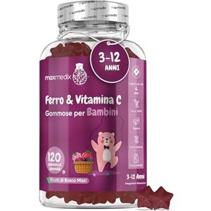 maxmedix Ferro Integratore + Vitamina C Bambini, 120 Gommose Vegane ai Frutti di Bosco con Vit C (4 Mesi di Fornitura) Adatte dai 3 ai 12 Anni, Integratore Ferro con Vitamine Bambini Gommose, Senza Glutine