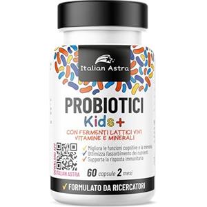 Italian Astra DAI RICERCATORI AI CONSUMATORI, Fermenti Lattici Probiotici per Bambini, Capsule Apribili e Scioglibili in Acqua/Succo/Latte, + Vitamina C, Vitamina D e Ferro - 60 Capsule 2 Mesi