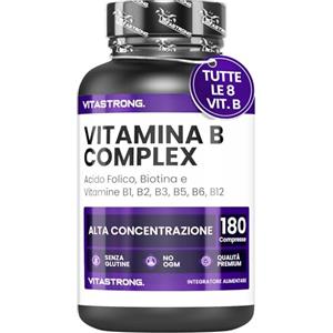 Vitastrong. Vitamina B Complex Alto Dosaggio, 180 Compresse Vitamine Gruppo B di Biotina, Tiamina B1, Riboflavina B2, Vitamina B3 Niacina, B5 Acido Pantotenico, B6, Vitamina B12 e Acido Folico