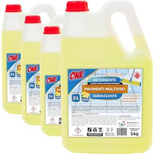 ONE - 20 Litri di DETERSIVO PAVIMENTI MULTIUSO al profumo di Limone (Pacco con 4 x taniche da 5 lt ciascuna) - Con Antibatterico Igienizzante. Pulito Splendente. Azione Sgrassante. Senza Risciaquo
