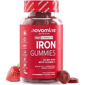 Novomins Caramelle Gommose al Ferro - Alta Concentrazione 20mg - Senza Glutine - Integratore di Ferro con Vitamina C per Donne e Uomini - Supporto per il Sistema Immunitario ed Energia - 1 Mese - Novomins