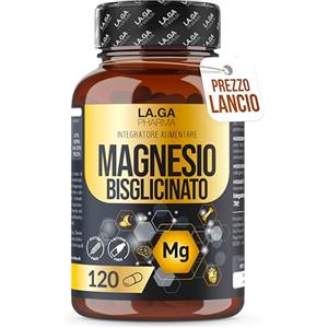 LA.GA MAGNESIO BISGLICINATO (Fornitura Fino a 4 Mesi), Magnesio Completo 120 Capsule con Vitamine B5, B6 e B1. Integratore Stanchezza e Stress. Senza Glutine e Senza Lattosio, Made In Italy. LAGA PHARMA