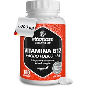 Vitamaze - amazing life Vitamaze Vitamina B12 1000 mcg + 375 mcg Acido Folico + Vitamina B6 ad alto Dosaggio (6 mesi di trattamento) 180 Compresse Vegane, Integratore senza Addittivi, Qualità Tedesca