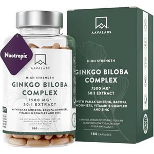 AAVALABS Ginkgo Biloba Integratore 7500mg 50:1 con Ginseng Rosso Coreano, Bacopa Monnieri, Vitamina B Complex, Zinco - Nootropico Integratore Memoria e Concentrazione, Metabolismo, Circolazione - 180 capsule