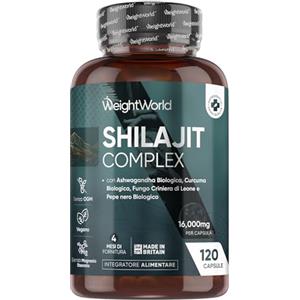 WeightWorld Shilajit da 16000mg, 120 Capsule Vegane, 4 Mesi di Scorta, 1 al Giorno, con Ashwagandha Bio, Curcuma Bio, Lions Mane Mushroom, Pepe Nero, Shilajit Integratore, Estratto 40:1, Senza Magnesio Stearato