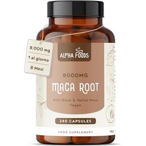 Alpha Foods Maca Peruviana Nera Extra Forte | 8000mg per Capsula di Estratto di Maca Gialla + Black/Nera | Equilibrio Ormonale | 240 Capsule Vegane Alto Dosaggio | Alpha Foods