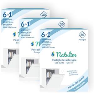 Natulim - Pastiglie per lavastoviglie 6 in 1 biodegradabili e idrosolubili, confezione da 30 - Pulizia profonda, risciacquo, funzione sale, protezione vetri, effetto extra dry - 3 confezioni da 30 pz.