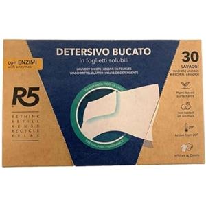 R5, Detersivo Bucato in Foglietti Solubili, 30 Lavaggi, Detersivo in Fogli con Enzimi per Lavatrice o Lavaggi a Mano, per Capi Bianchi e Colorati, Profumo Fiori di Lino, Eco-Formato