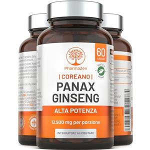 PharmaZen Panax Ginseng Rosso Coreano - Integratore Alimentare ad Alta Concentrazione 12.500 mg - Estratto di Radice di Ginseng con 30% di Ginsenosidi - 60 Capsule - Vegano