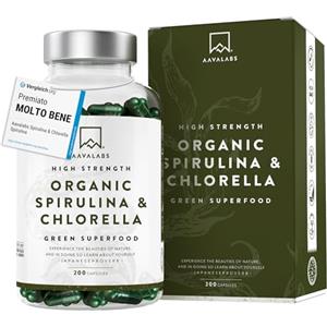 AAVALABS Spirulina & Chlorella Bio [1800 mg] AAVALABS - Alga Spirulina Bio Compresse - Clorella e Spirulina Polvere da Alghe Naturali di Alta Qualità con Fitonutrienti - Ideale per Frullati - 200 Capsule Vegan