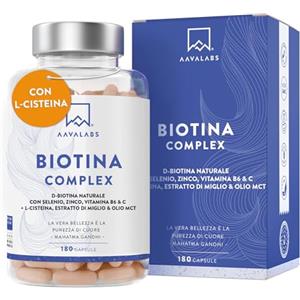 AAVALABS Biotina Capelli con Selenio Zinco Vitamine per Capelli Acido Folico Miglio L-Cisteina MCT Olio di Cocco - Integratore per Capelli, Pelle, Unghie Biotin - Integratori Capelli Donna Uomo - 180 Capsule