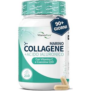 VitaminPure Collagene Marino con Acido Ialuronico, 210 Capsule di Collagene Marino Idrolizzato - Integratore per Capelli, Pelle e Ossa con Vitamina C e Coenzina Q10 - VitaminPure