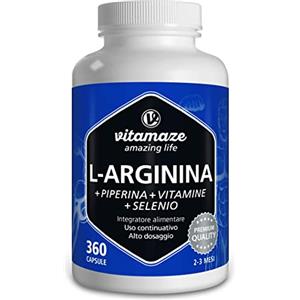 Vitamaze - amazing life L-Arginina Capsule ad Alto Dosaggio, 360 Capsule con B6, B12 + Acido Folico + Selenio + Piperina, Qualità Tedesca, Integratore Alimentare senza Additivi non Necessari