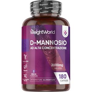 WeightWorld D Mannosio da 180 Capsule, Adatto ai Vegani, 2000mg per Dose Giornaliera, Integratore D-Mannosio, (2 Mesi di Fornitura per Assunzione Quotidiana), D Mannose Senza Magnesio Stearato e Privo di Glutine