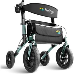 Helavo deambulatore per anziani 4 ruote pieghevole con seduta - Rollator da esterno con ruote pneumatiche 12"/10", altezza regolabile, sedile comodo, leggero, ammortizzato - 136 kg max