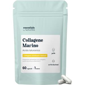 NOVOMA Collagene Marino con Acido Ialuronico, Pelle Idratata e Articolazioni Forti, Fornitura di 1 mese, 60 Capsule, Idrolizzato Tipo 1 e 3 Naticol®, Vitamina C, Essentials by Novoma