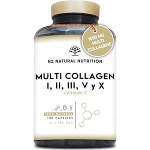 N2 Natural Nutrition MULTI COLLAGENE Idrolizzato 1650mg. Peptidi di Collagene Marino e Bovino Tipo 1, 2, 3, 5, 10. Collagene Integratore per Articulazioni, Pelle e Ossa + Vitamina C. 180 Capsule. N2 Natural Nutrition