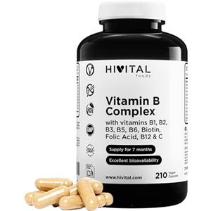 HIVITAL foods Vitamina B Complex 210 capsule vegane per 7 mesi di trattamento. Complesso di vitamina B con B1, B2, B3, B5, B6, B12, biotina, acido folico e vitamina C. Prodotto in Europa da HIVITAL