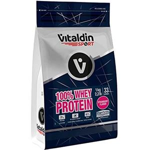 VITALDIN SPORT 100% Whey Protein 1 Kg - 100% Proteine del Siero del Latte in Polvere con Digezyme - Sviluppo & Recupero Muscolare - Gusto Fragola - 6,7 g BCAA per serving - Senza Zuccheri Aggiunti